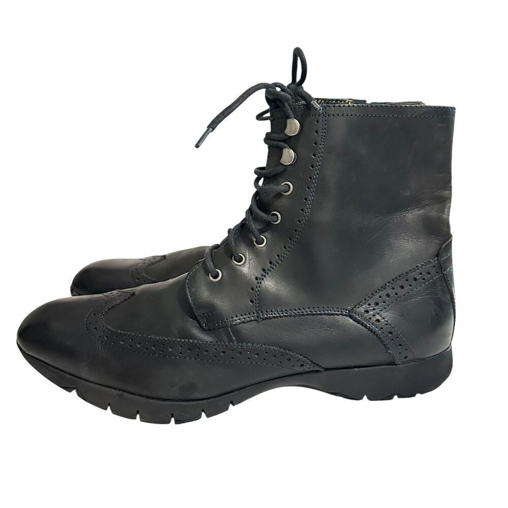 Hush Puppies Mens Black Leather Wingtip Combat Boots Vibram Sole Size 13 H103421